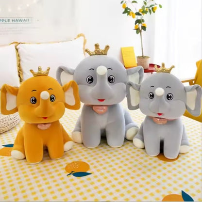 CuddleNest Royal Yellow Elephant Plush Toy with Crown, 30 cm, Soft Stuffed Animal, Nursery Décor Gift