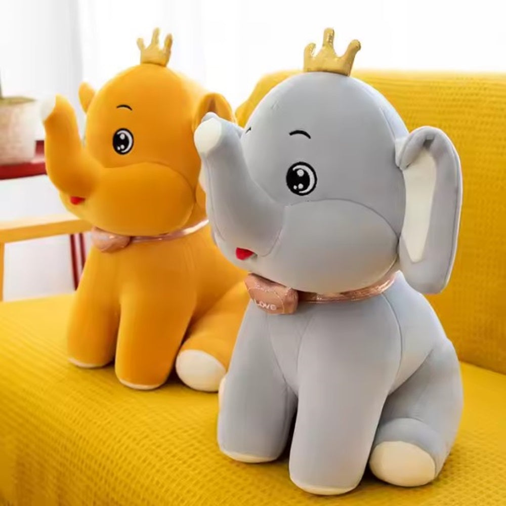 CuddleNest Royal Yellow Elephant Plush Toy with Crown, 30 cm, Soft Stuffed Animal, Nursery Décor Gift