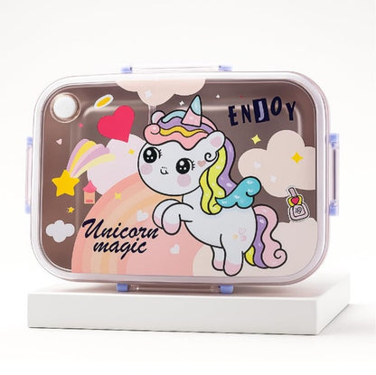 CuddleNest Steel Lunch Box 750 ml | 3 Compartment Bento Style Tiffin with Spoon & Chopsticks | Leakproof, BPA-Free, Space Astronaut/Unicorn magic Theme