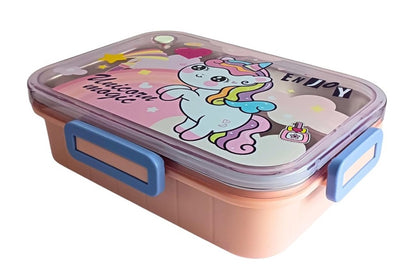CuddleNest Steel Lunch Box 750 ml | 3 Compartment Bento Style Tiffin with Spoon & Chopsticks | Leakproof, BPA-Free, Space Astronaut/Unicorn magic Theme