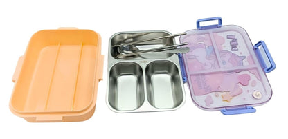 CuddleNest Steel Lunch Box 750 ml | 3 Compartment Bento Style Tiffin with Spoon & Chopsticks | Leakproof, BPA-Free, Space Astronaut/Unicorn magic Theme