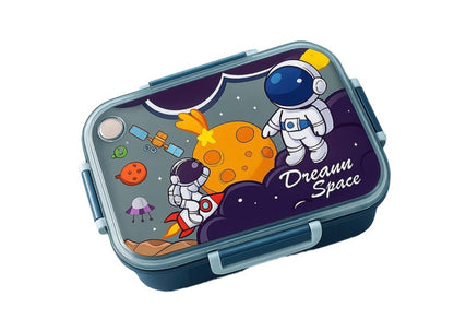CuddleNest Steel Lunch Box 750 ml | 3 Compartment Bento Style Tiffin with Spoon & Chopsticks | Leakproof, BPA-Free, Space Astronaut/Unicorn magic Theme
