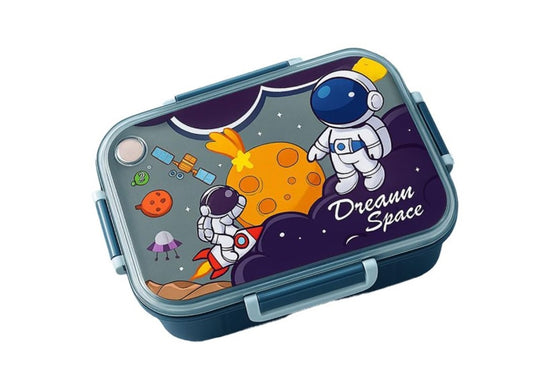 CuddleNest Steel Lunch Box 750 ml | 3 Compartment Bento Style Tiffin with Spoon & Chopsticks | Leakproof, BPA-Free, Space Astronaut/Unicorn magic Theme