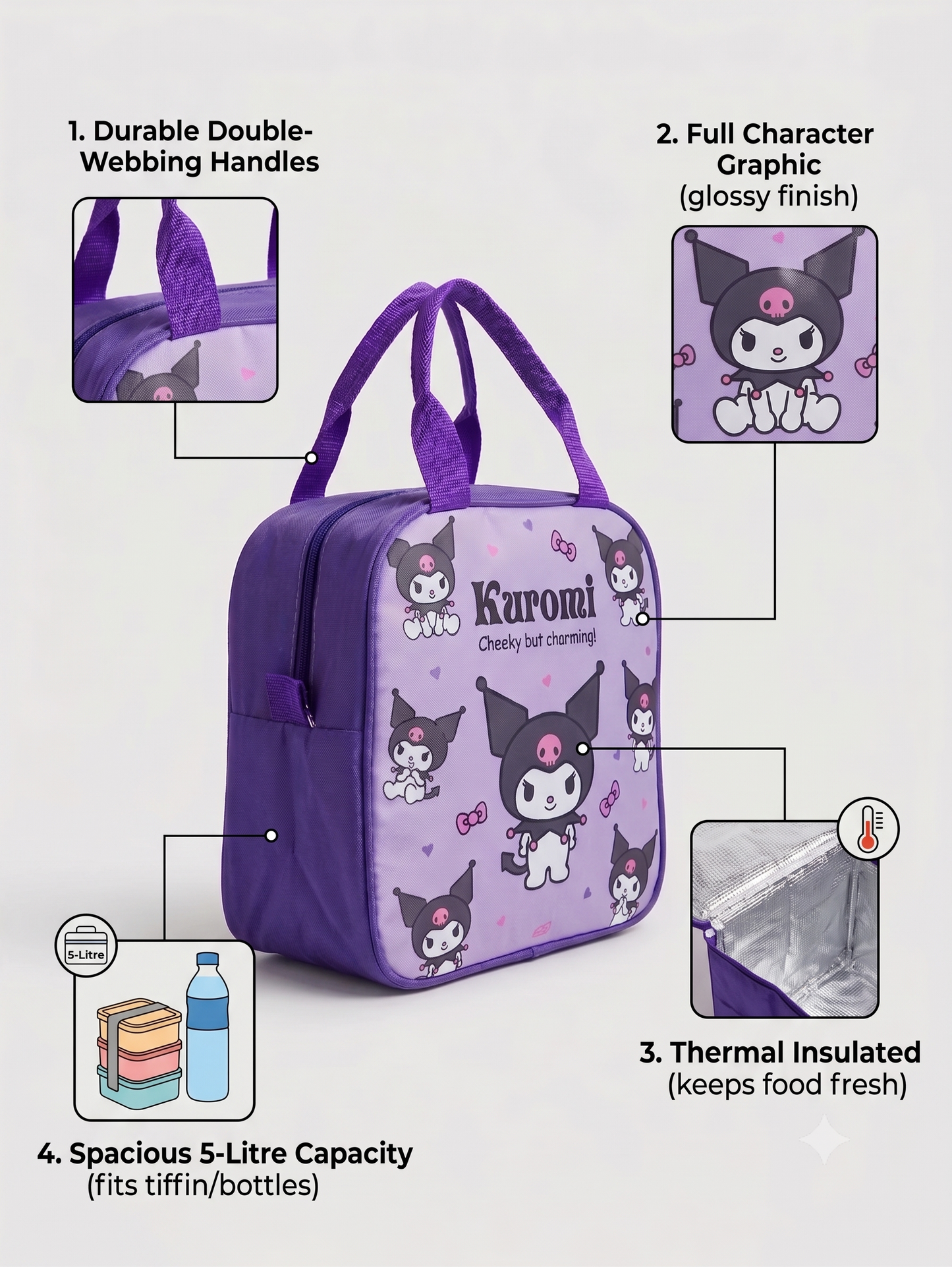 CuddleNest Kids Insulated Lunch Bag – Thermal Tiffin Bag with Back Zipper Pocket (5L Capacity) | Astronaut, Unicorn, Kuromi & Mermaid Prints