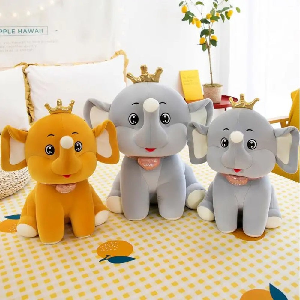 CuddleNest Royal Yellow Elephant Plush Toy with Crown, 30 cm, Soft Stuffed Animal, Nursery Décor Gift